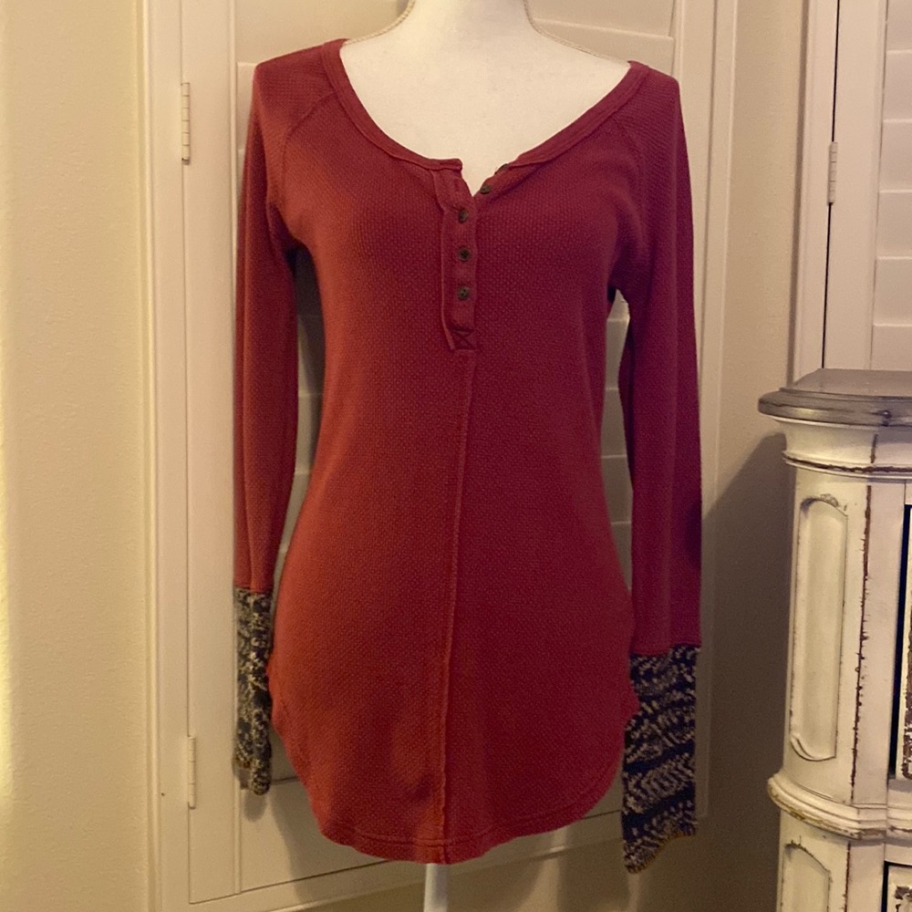 Free People Rust Long Sleeve Top with Patterned Cuffs